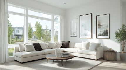 Fototapeta premium Modern Living Room Interior Design with White Sofa and Large Windows