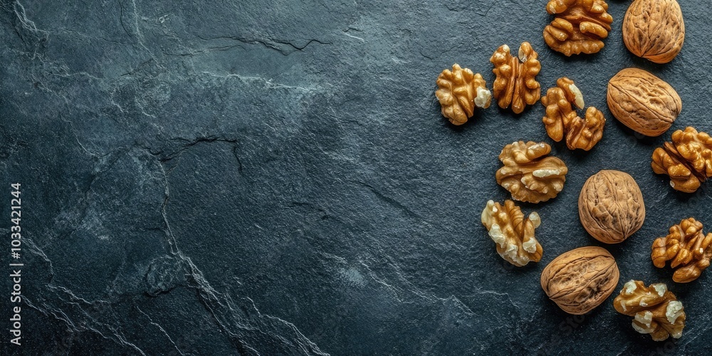 Poster Walnuts. Walnut kernels on a dark stone surface. Top view.