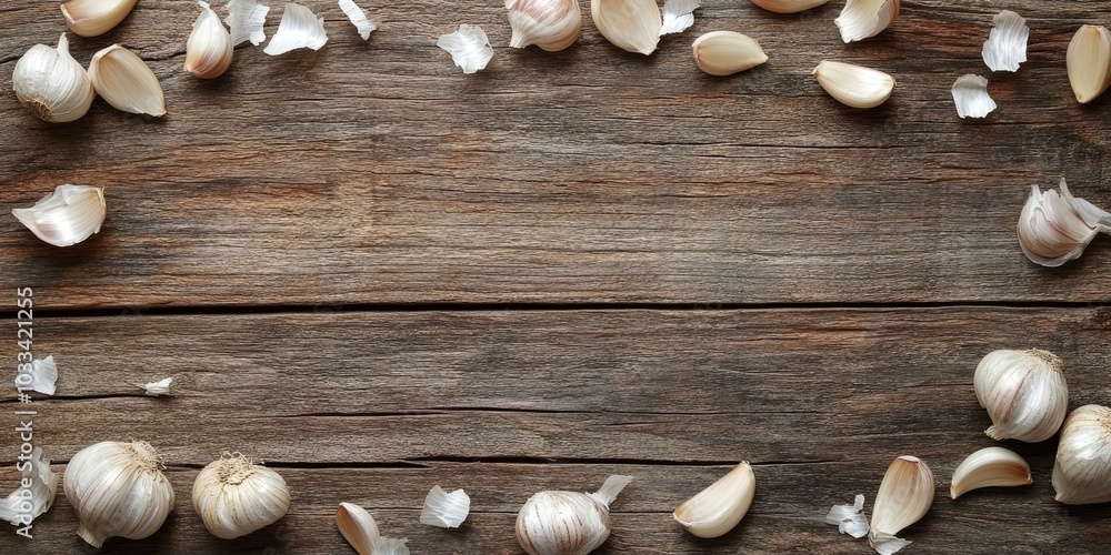 Poster garlic cloves on a wooden surface provide copy space for text.