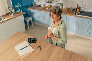 in bright kitchen an elderly woman in a light green shirt stands near a table with money counts savings hard old age finds funds