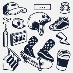 hand drawn skateboard elements collection, hand drawn sketch design. Vector illustration