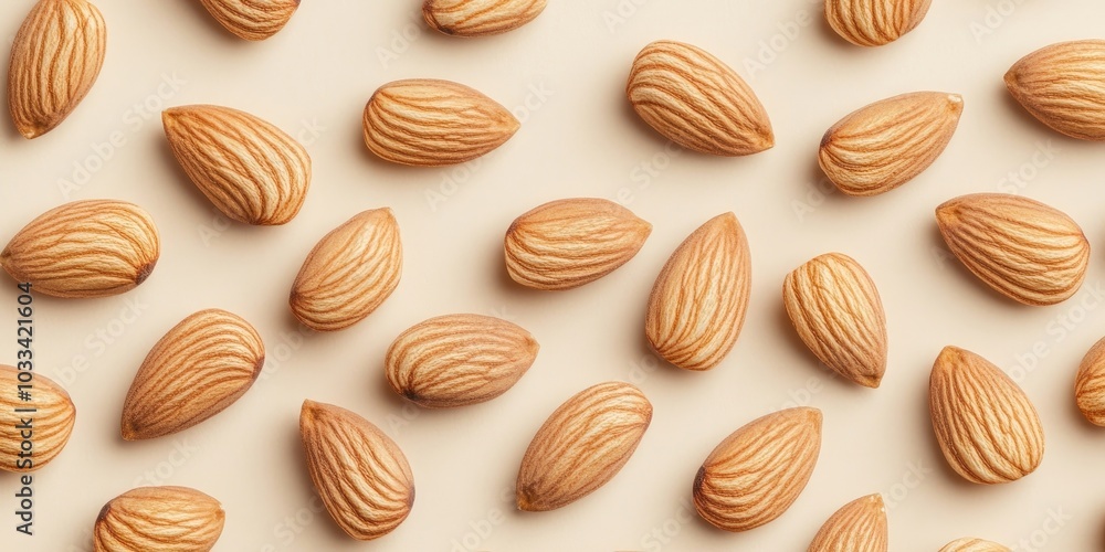 Poster Almonds arranged in a flat lay pattern with circular copy space for text. Whole and peeled almond nuts. Top view. Suitable for wrapping paper, posters, greeting cards, covers, and sale backgrounds.