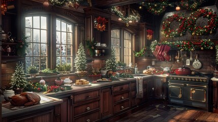 Cozy and inviting Christmas themed kitchen with a rustic farmhouse style interior  The room is decorated with a twinkling tree a roaring fireplace