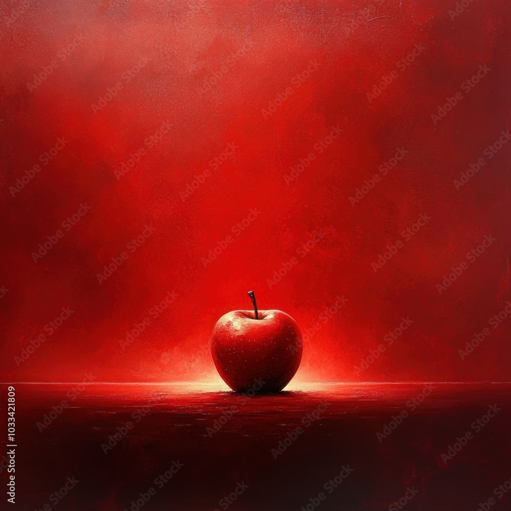 Poster a single red apple sits on a red surface against a red background with a spotlight shining on it.