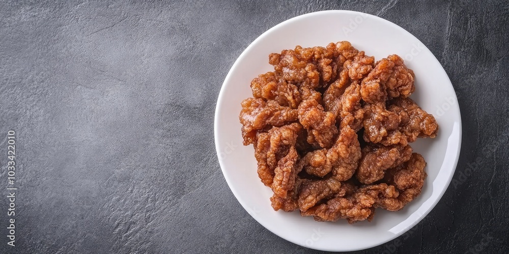 Poster fried and extremely dry pork on a white porcelain plate with copy space.