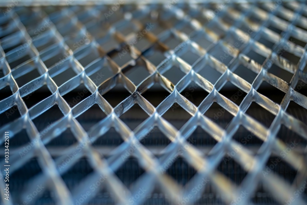 Poster blurred metal grid creating a repeating pattern with a shallow depth of field