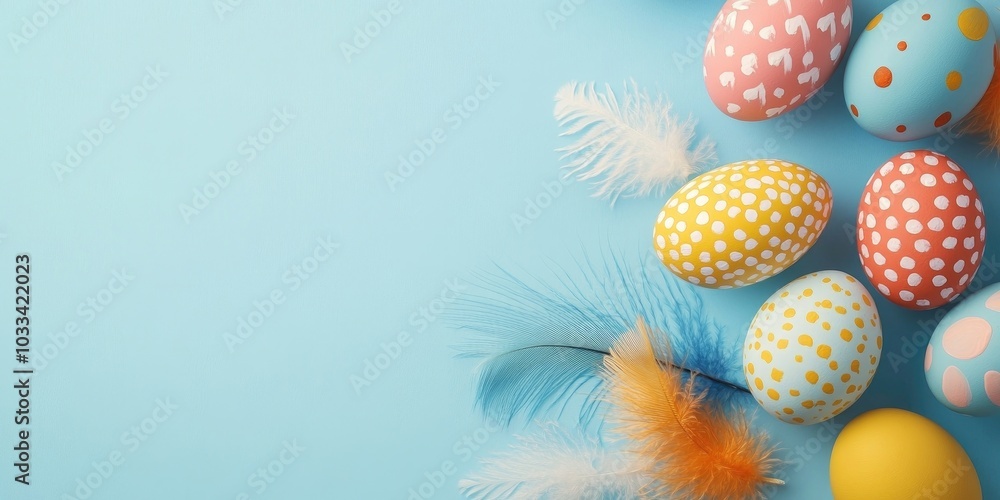Poster several painted easter eggs adorned with feathers on a light blue background, arranged in a flat lay