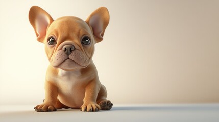 A cute, small, fawn-colored French Bulldog puppy sits on a white surface, looking directly at the viewer.