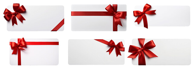 collection of white gift voucher with red ribbon isolated on white background