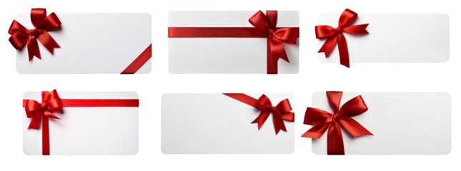 collection of white gift voucher with red ribbon isolated on white background