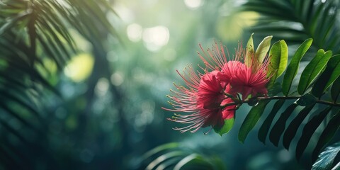 Rainforest elements as a backdrop for a quote, calliandra flower.