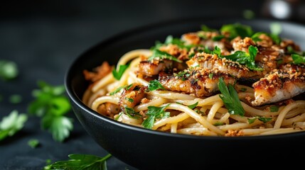 Artisan pasta is carefully plated with crispy seafood and a sprinkle of herbs, capturing an artisanal touch and culinary sophistication in this fine dining experience.