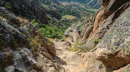 Obraz premium Hiker's point of view of steep rocky descent into valley