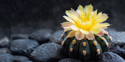 Astrophytum asterias Type V is a variety of cactus. It features a blooming yellow flower on a black stone. Vertical image, copyspace for text. Advertising concept ideas.