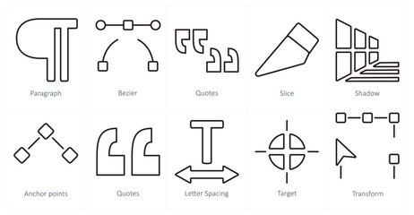 A set of 10 editing tools icons as paragraph, bezier, quotes