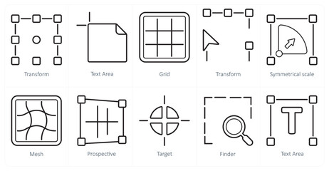 A set of 10 editing tools icons as transform, text area, grid