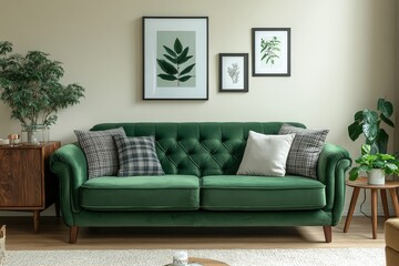 Warm and cozy living room interior with red mock up poster frame, copy space, stylish beige sofa, patterned pillow, coffee table and personal accessories. Home decor, Generative AI