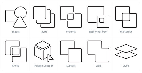 A set of 10 editing tools icons as shapes, layers, intersect