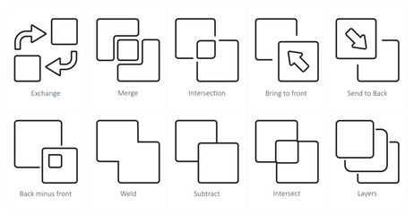 A set of 10 editing tools icons as exchange, merge, intersection