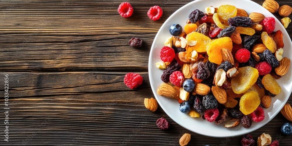 Poster dried fruits on a white plate on a wooden table. a combination of various nuts and berries, rich in 