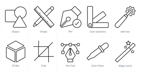 A set of 10 editing tools icons as shapes, pen, color swatches