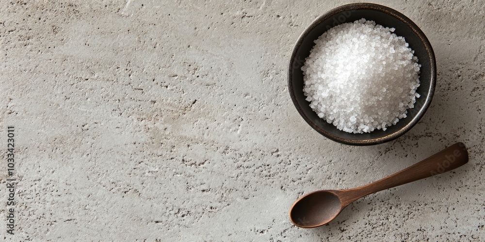 Aufkleber bowl and spoon containing sea salt on a lightly textured table, viewed from above. banner layout wit