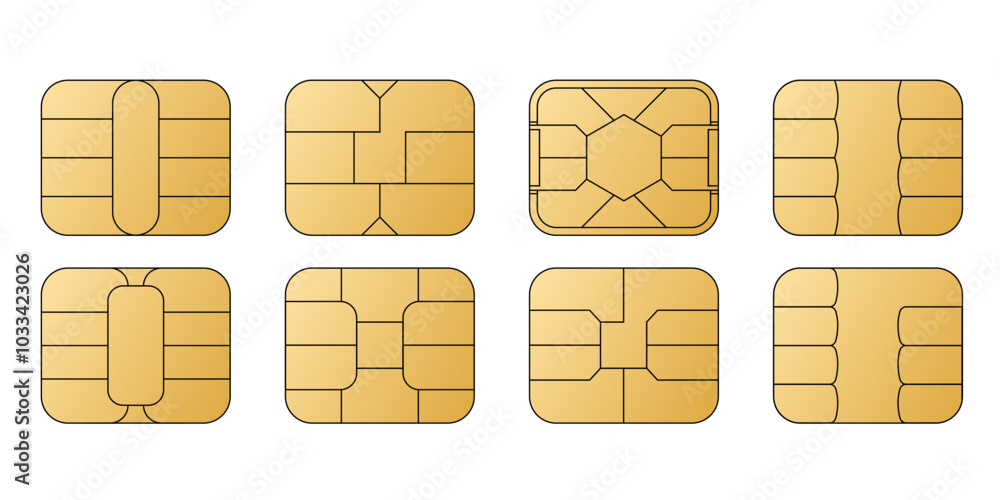 Poster emv chip golden vector icons. square computer microchips for credit debit cards. contactless payment