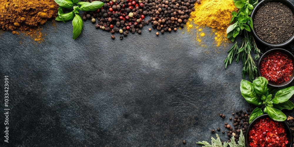 Aufkleber Different spices and herbs are arranged on a stone table. Top view with space for your text.