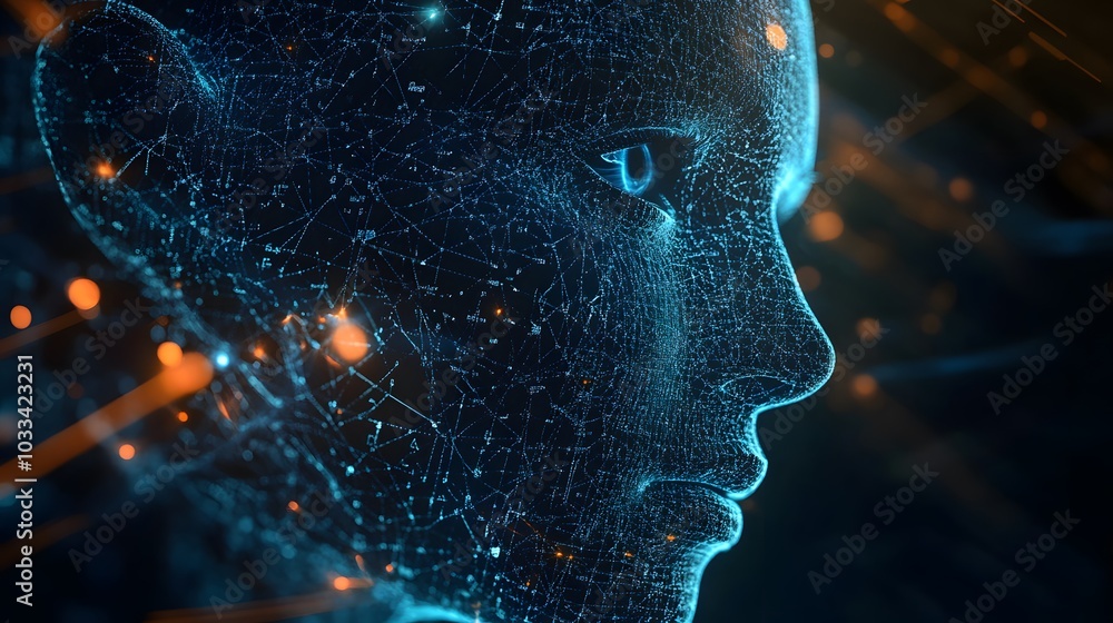 Poster a digital portrait of a human face constructed from interconnected points of light