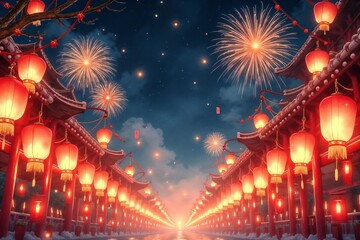 A vibrant Chinese New Year celebration scene with glowing red lanterns, fireworks bursting in the sky, and festive decorations
