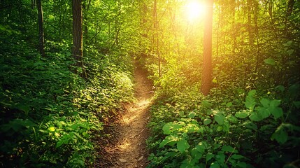 Obraz premium Hiker's point of view of narrow trail winding through dense forest