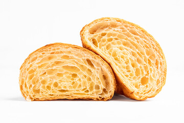 Cut in Half Croissant with Inside Texture and Thin Crisp Layers. Delicious French Pastry. Light background.