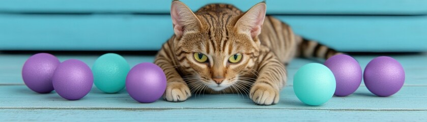 Cat Playing with Colorful Ornaments by the Fireplace
