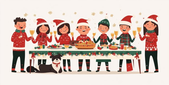 illustration of a joyful family celebrating Christmas around a festive dining table with decorations and food