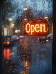 Neon 'Open' sign glowing brightly through a rainy window.