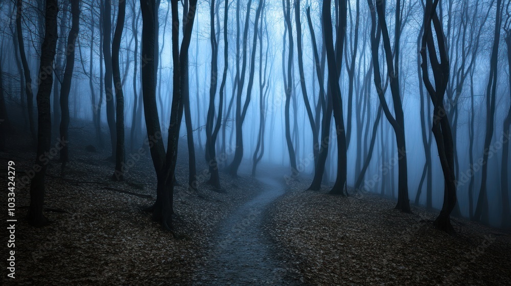 Poster A winding path through a misty forest with tall trees and fallen leaves on the ground.