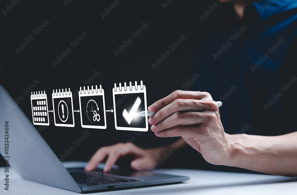 Poster calendar and agenda scheduling concept. a person interacts with a virtual calendar, organizing tasks