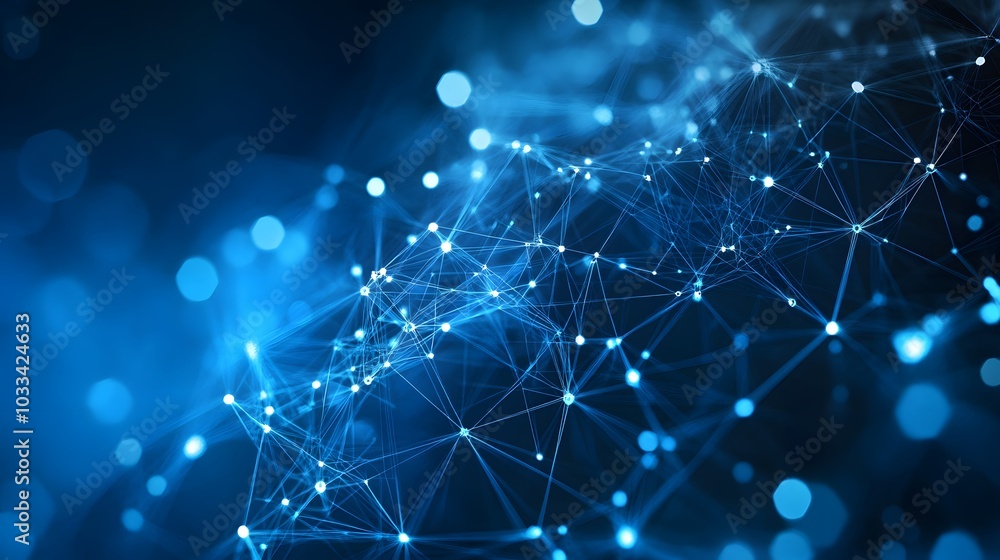 Poster abstract blue network with glowing nodes and lines
