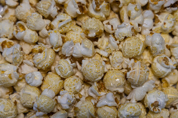 close up view of a pile of popcorn