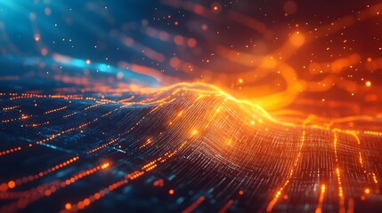 Obraz premium Abstract digital landscape with glowing orange lines and particles.
