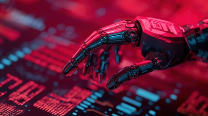 A close-up of a robotic hand interacting with a digital interface, showcasing advanced technology in a futuristic setting.