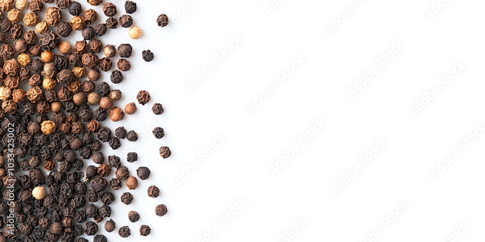 Poster pepper spice texture. viewed from above. set against a white background. pepper on the left, space f