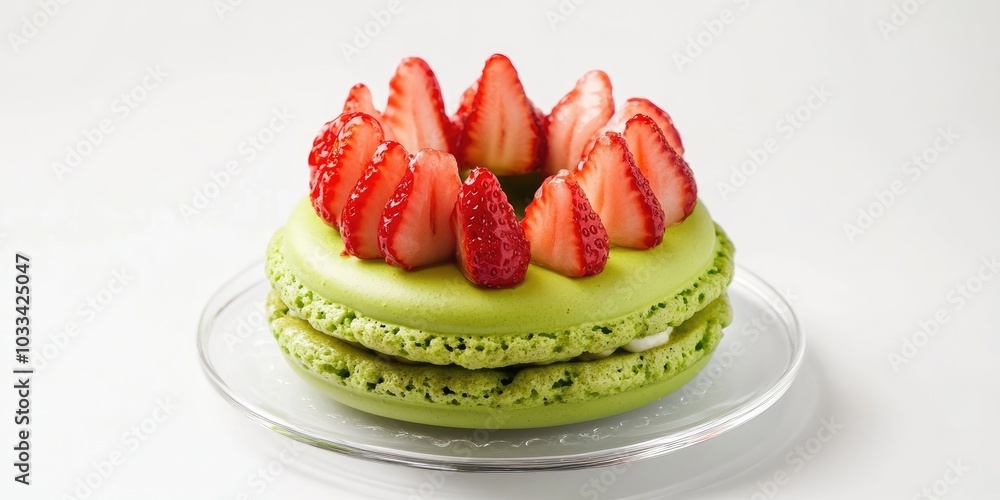 Poster A green macaron cake adorned with strawberry slices placed on a clear saucer set against a white background. Empty.