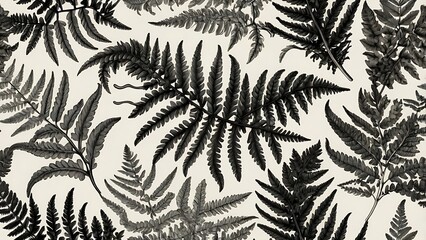 Detailed vintage botanical sketch of fern leaves, drawn in black and white with intricate shading, capturing the elegance of nature in a traditional art style.