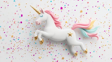 Obraz premium A beautiful unicorn illustration surrounded by colorful confetti, perfect for festive and magical themes.