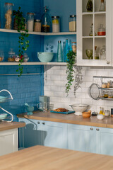 kitchen interior light in blue tones provence style all kitchen paraphernalia clean kitchen