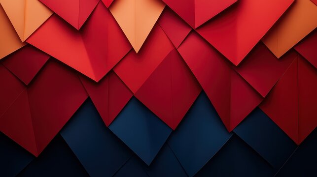An intricate composition of sharp triangular forms in shades of red and orange, arranged in a sophisticated pattern that conveys a powerful sense of movement and energy.