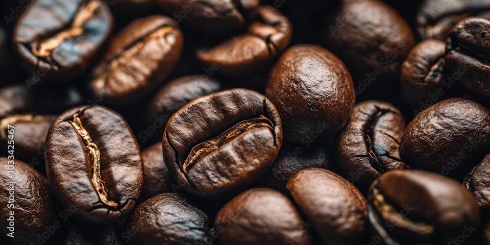 Poster macro close-up background image of roasted coffee beans in contrasting tones.