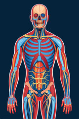 Full human body with all internal organs, including the skeletal, muscular, nervous, circulatory, respiratory, digestive, endocrine and immune system vector illustration