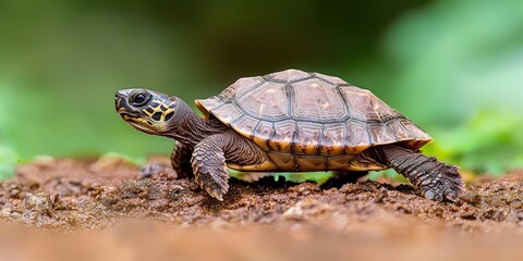 Fototapeta premium Close up of a Turtle Walking on Brown Ground with Green Background
